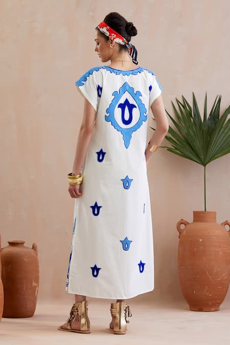 Shop Indian Summer Story Ivory Cotton Embroidery V-neck Dori Floral Midi Dress at Aza Fashions Shop_Indian Summer Story_Ivory Cotton Embroidery V-neck Dori Floral Midi Dress _at_Aza_Fashions