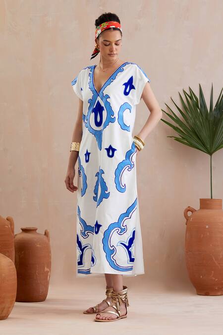 Indian Summer Story Ivory Cotton Embroidery V-neck Dori Floral Midi Dress Online at Aza Fashions Indian Summer Story_Ivory Cotton Embroidery V-neck Dori Floral Midi Dress _Online_at_Aza_Fashions