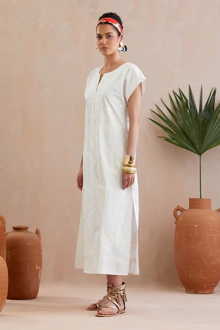 Indian Summer Story Cream Cotton Embroidery Open Neck Resham Midi Dress Online at Aza Fashions Indian Summer Story_Cream Cotton Embroidery Open Neck Resham Midi Dress _Online_at_Aza_Fashions