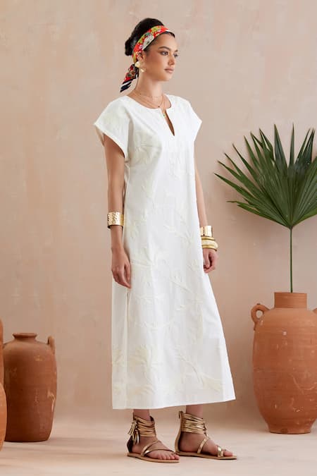 Buy Indian Summer Story Cream Cotton Embroidery Open Neck Resham Midi Dress Online at Aza Fashions Buy_Indian Summer Story_Cream Cotton Embroidery Open Neck Resham Midi Dress _Online_at_Aza_Fashions