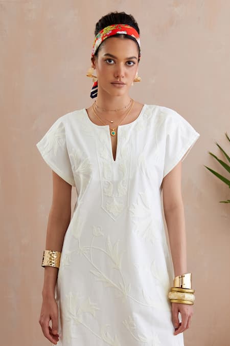 Shop Indian Summer Story Cream Cotton Embroidery Open Neck Resham Midi Dress Online at Aza Fashions Shop_Indian Summer Story_Cream Cotton Embroidery Open Neck Resham Midi Dress _Online_at_Aza_Fashions