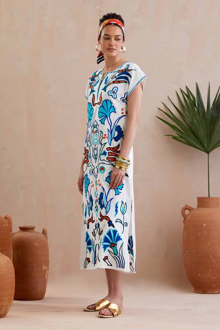 Indian Summer Story Ivory Cotton Embroidery Open Neck Floral Thread Midi Dress Online at Aza Fashions Indian Summer Story_Ivory Cotton Embroidery Open Neck Floral Thread Midi Dress _Online_at_Aza_Fashions