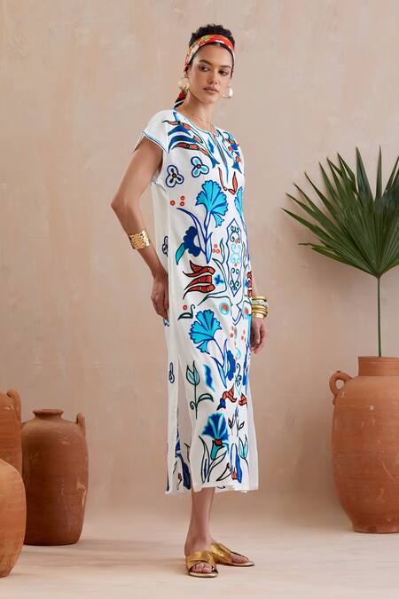 Buy Indian Summer Story Ivory Cotton Embroidery Open Neck Floral Thread Midi Dress Online at Aza Fashions Buy_Indian Summer Story_Ivory Cotton Embroidery Open Neck Floral Thread Midi Dress _Online_at_Aza_Fashions