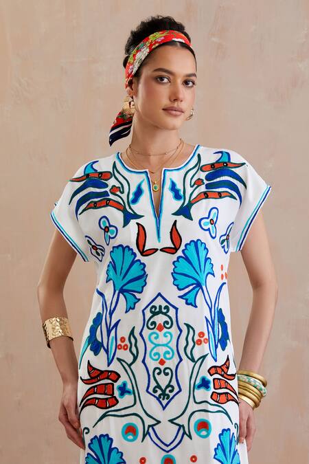 Shop Indian Summer Story Ivory Cotton Embroidery Open Neck Floral Thread Midi Dress Online at Aza Fashions Shop_Indian Summer Story_Ivory Cotton Embroidery Open Neck Floral Thread Midi Dress _Online_at_Aza_Fashions