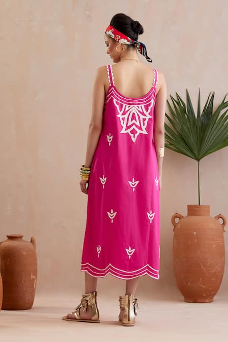 Indian Summer Story Fuchsia Thread Embroidered Midi Dress 