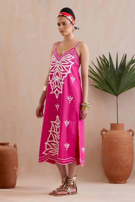 Indian Summer Story Fuchsia Cotton Embroidery V-neck Thread Midi Dress Online at Aza Fashions Indian Summer Story_Fuchsia Cotton Embroidery V-neck Thread Midi Dress _Online_at_Aza_Fashions