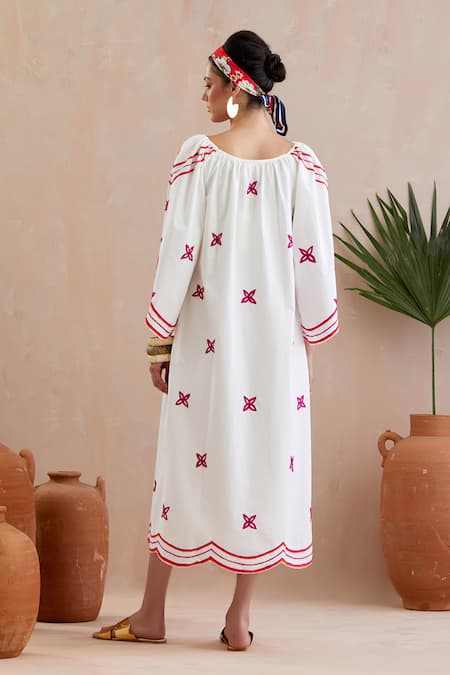 Shop Indian Summer Story Ivory Cotton Embroidery Boat Neck Floral Resham Midi Dress at Aza Fashions Shop_Indian Summer Story_Ivory Cotton Embroidery Boat Neck Floral Resham Midi Dress _at_Aza_Fashions