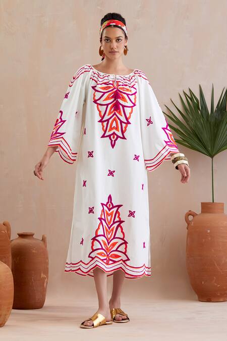 Indian Summer Story Ivory Cotton Embroidery Boat Neck Floral Resham Midi Dress Online at Aza Fashions Indian Summer Story_Ivory Cotton Embroidery Boat Neck Floral Resham Midi Dress _Online_at_Aza_Fashions