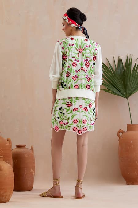 Shop_Indian Summer Story_Ivory Crepe Embroidery Open Neck Floral Thread Jacket _at_Aza_Fashions