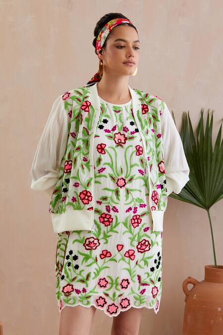 Shop_Indian Summer Story_Ivory Crepe Embroidery Open Neck Floral Thread Jacket _Online_at_Aza_Fashions