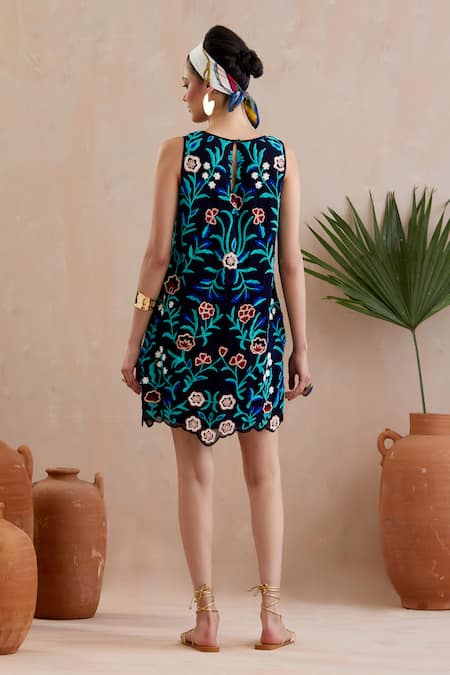 Shop Indian Summer Story Blue Cotton Embroidery Boat Neck Floral Vine Dress at Aza Fashions Shop_Indian Summer Story_Blue Cotton Embroidery Boat Neck Floral Vine Dress _at_Aza_Fashions