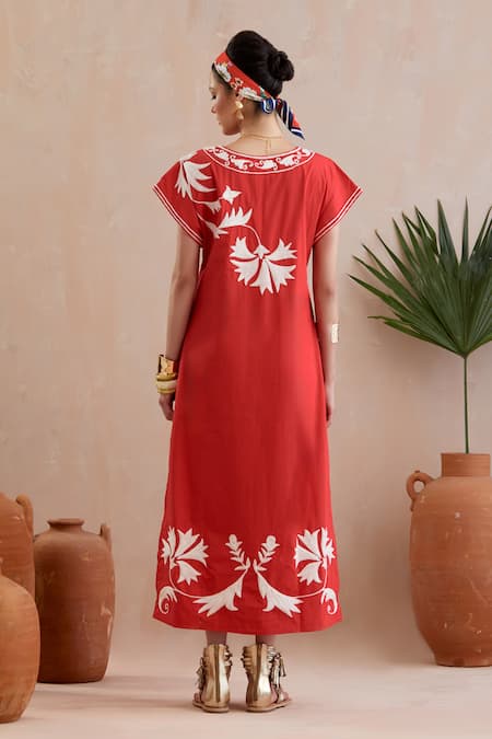 Shop Indian Summer Story Red Cotton Embroidery Open Neck Crimson Resham Midi Dress at Aza Fashions Shop_Indian Summer Story_Red Cotton Embroidery Open Neck Crimson Resham Midi Dress _at_Aza_Fashions