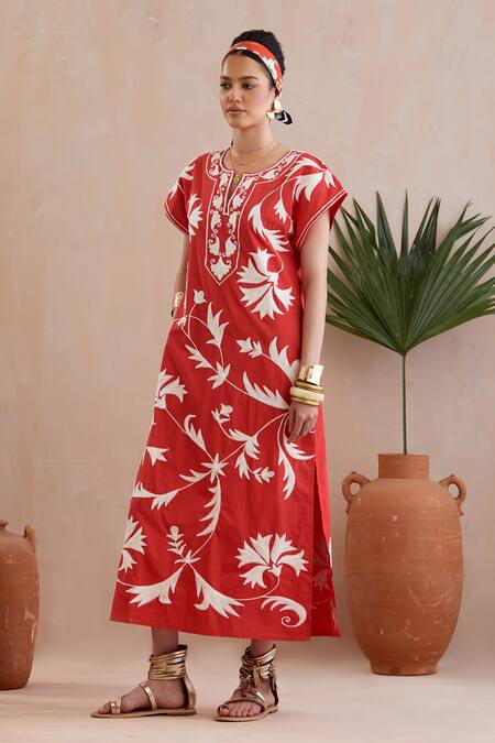 Indian Summer Story Red Cotton Embroidery Open Neck Crimson Resham Midi Dress Online at Aza Fashions Indian Summer Story_Red Cotton Embroidery Open Neck Crimson Resham Midi Dress _Online_at_Aza_Fashions