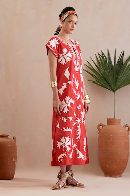 Buy Indian Summer Story Red Cotton Embroidery Open Neck Crimson Resham Midi Dress Online at Aza Fashions Buy_Indian Summer Story_Red Cotton Embroidery Open Neck Crimson Resham Midi Dress _Online_at_Aza_Fashions