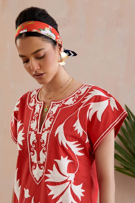Shop Indian Summer Story Red Cotton Embroidery Open Neck Crimson Resham Midi Dress Online at Aza Fashions Shop_Indian Summer Story_Red Cotton Embroidery Open Neck Crimson Resham Midi Dress _Online_at_Aza_Fashions