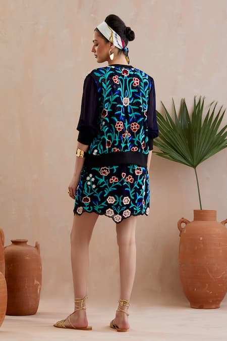 Shop_Indian Summer Story_Blue Cotton Embroidery Open Neck Midnight Floral Vine Jacket _at_Aza_Fashions