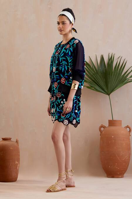 Indian Summer Story_Blue Cotton Embroidery Open Neck Midnight Floral Vine Jacket _Online_at_Aza_Fashions