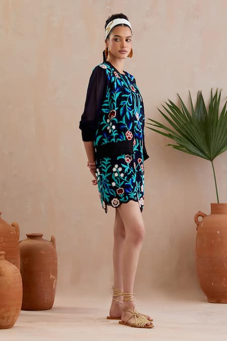 Buy_Indian Summer Story_Blue Cotton Embroidery Open Neck Midnight Floral Vine Jacket _Online_at_Aza_Fashions