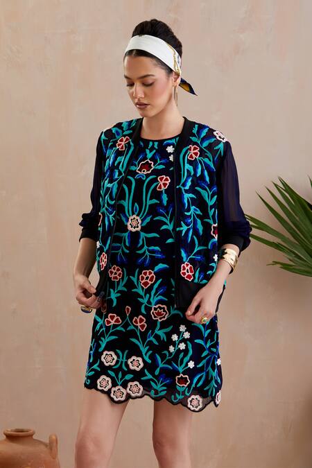 Shop_Indian Summer Story_Blue Cotton Embroidery Open Neck Midnight Floral Vine Jacket _Online_at_Aza_Fashions