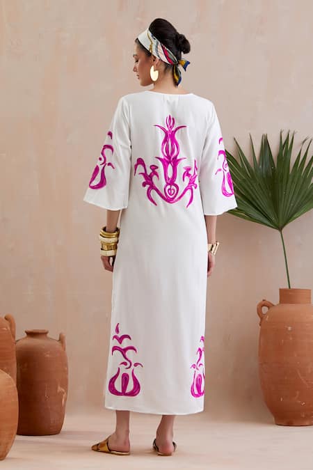 Shop Indian Summer Story Ivory Cotton Embroidery Open Neck Floral Thread Midi Dress at Aza Fashions Shop_Indian Summer Story_Ivory Cotton Embroidery Open Neck Floral Thread Midi Dress _at_Aza_Fashions