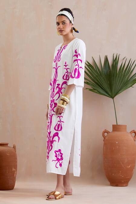 Indian Summer Story Ivory Cotton Embroidery Open Neck Floral Thread Midi Dress Online at Aza Fashions Indian Summer Story_Ivory Cotton Embroidery Open Neck Floral Thread Midi Dress _Online_at_Aza_Fashions
