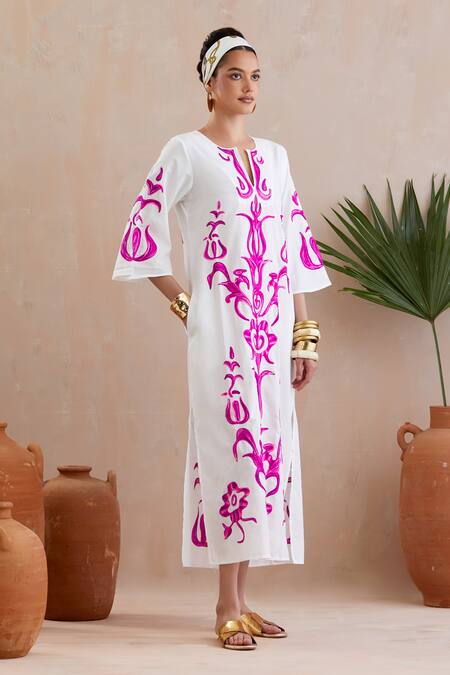 Buy Indian Summer Story Ivory Cotton Embroidery Open Neck Floral Thread Midi Dress Online at Aza Fashions Buy_Indian Summer Story_Ivory Cotton Embroidery Open Neck Floral Thread Midi Dress _Online_at_Aza_Fashions