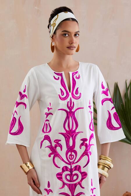 Shop Indian Summer Story Ivory Cotton Embroidery Open Neck Floral Thread Midi Dress Online at Aza Fashions Shop_Indian Summer Story_Ivory Cotton Embroidery Open Neck Floral Thread Midi Dress _Online_at_Aza_Fashions