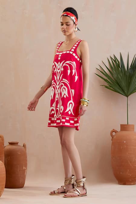 Indian Summer Story Red Cotton Embroidery Sweetheart Neck Crimson Floral Short Dress Online at Aza Fashions Indian Summer Story_Red Cotton Embroidery Sweetheart Neck Crimson Floral Short Dress _Online_at_Aza_Fashions