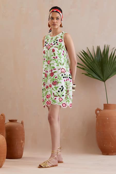 Indian Summer Story_White Crepe Round Neck Multicolor Thread Embroidered Short Dress _Online_at_Aza_Fashions