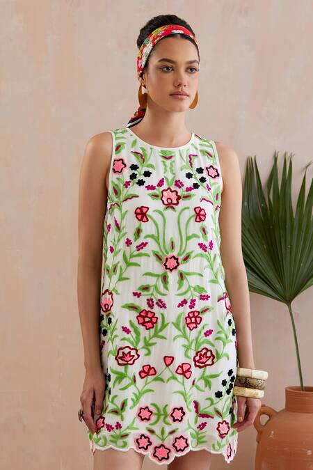 Shop_Indian Summer Story_White Crepe Round Neck Multicolor Thread Embroidered Short Dress _Online_at_Aza_Fashions