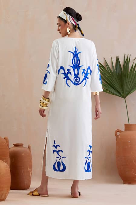Shop Indian Summer Story Ivory Cotton Embroidery Open Neck Botanical Midi Dress at Aza Fashions Shop_Indian Summer Story_Ivory Cotton Embroidery Open Neck Botanical Midi Dress _at_Aza_Fashions