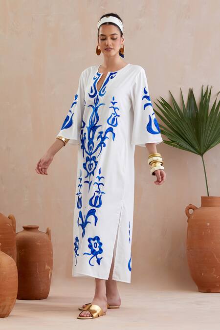Indian Summer Story Ivory Cotton Embroidery Open Neck Botanical Midi Dress Online at Aza Fashions Indian Summer Story_Ivory Cotton Embroidery Open Neck Botanical Midi Dress _Online_at_Aza_Fashions