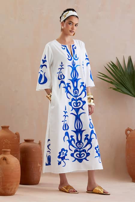 Buy Indian Summer Story Ivory Cotton Embroidery Open Neck Botanical Midi Dress Online at Aza Fashions Buy_Indian Summer Story_Ivory Cotton Embroidery Open Neck Botanical Midi Dress _Online_at_Aza_Fashions