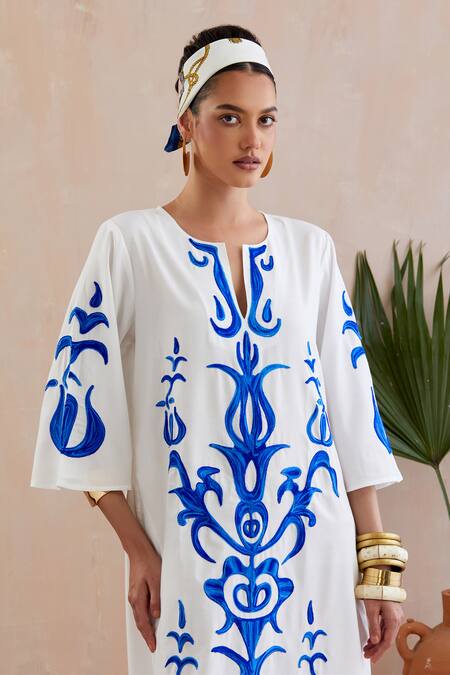 Shop Indian Summer Story Ivory Cotton Embroidery Open Neck Botanical Midi Dress Online at Aza Fashions Shop_Indian Summer Story_Ivory Cotton Embroidery Open Neck Botanical Midi Dress _Online_at_Aza_Fashions