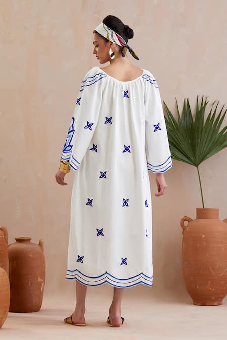 Shop Indian Summer Story Ivory , Satin Embroidery Keyhole Neck Midi Dress at Aza Fashions Shop_Indian Summer Story_Ivory , Satin Embroidery Keyhole Neck Midi Dress _at_Aza_Fashions