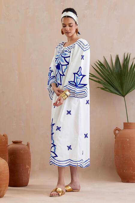 Indian Summer Story Ivory , Satin Embroidery Keyhole Neck Midi Dress Online at Aza Fashions Indian Summer Story_Ivory , Satin Embroidery Keyhole Neck Midi Dress _Online_at_Aza_Fashions