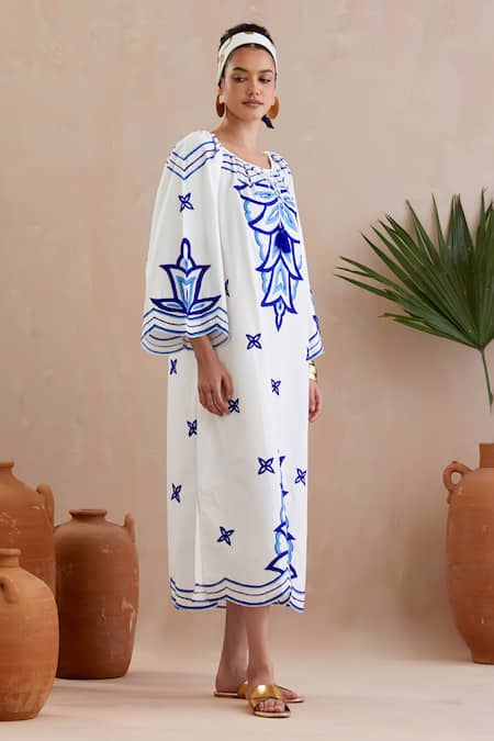 Buy Indian Summer Story Ivory , Satin Embroidery Keyhole Neck Midi Dress Online at Aza Fashions Buy_Indian Summer Story_Ivory , Satin Embroidery Keyhole Neck Midi Dress _Online_at_Aza_Fashions