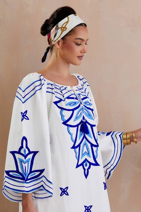 Shop Indian Summer Story Ivory , Satin Embroidery Keyhole Neck Midi Dress Online at Aza Fashions Shop_Indian Summer Story_Ivory , Satin Embroidery Keyhole Neck Midi Dress _Online_at_Aza_Fashions