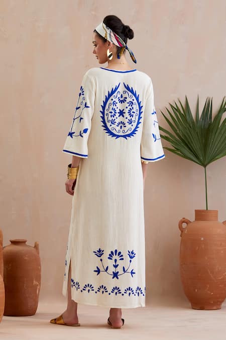 Shop_Indian Summer Story_Ivory Cotton Embroidery Open Neck Multicolor Threadwork Midi Dress _at_Aza_Fashions