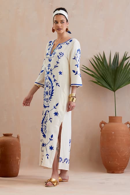 Indian Summer Story_Ivory Cotton Embroidery Open Neck Multicolor Threadwork Midi Dress _Online_at_Aza_Fashions