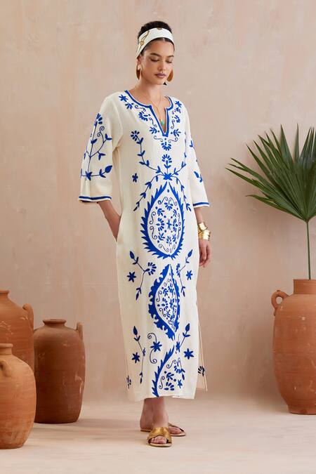 Buy_Indian Summer Story_Ivory Cotton Embroidery Open Neck Multicolor Threadwork Midi Dress _Online_at_Aza_Fashions