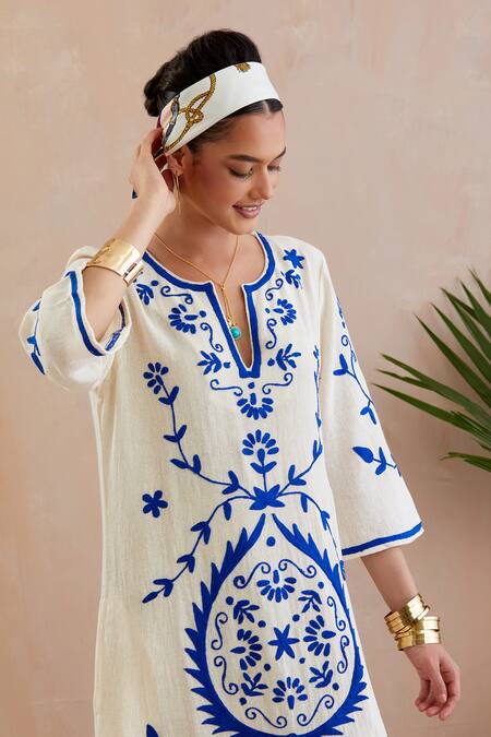 Shop_Indian Summer Story_Ivory Cotton Embroidery Open Neck Multicolor Threadwork Midi Dress _Online_at_Aza_Fashions