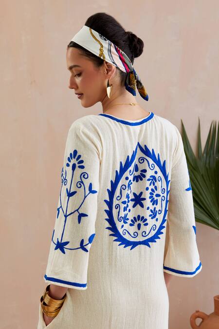 Indian Summer Story_Ivory Cotton Embroidery Open Neck Multicolor Threadwork Midi Dress _at_Aza_Fashions