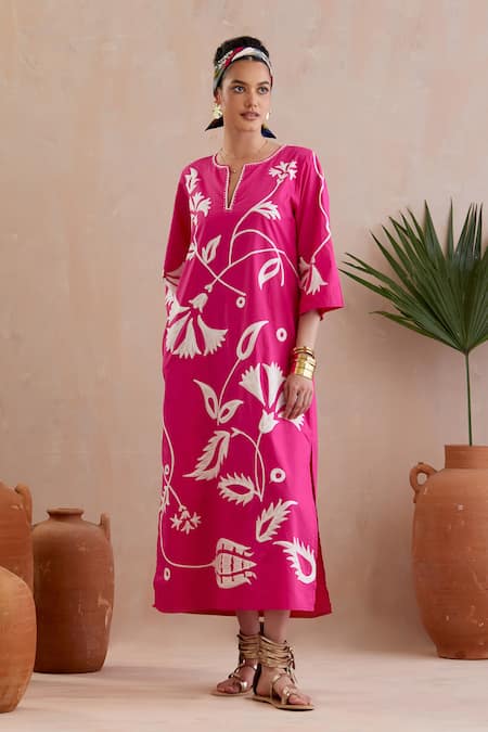 Indian Summer Story Fuchsia Embroidered Midi Dress 