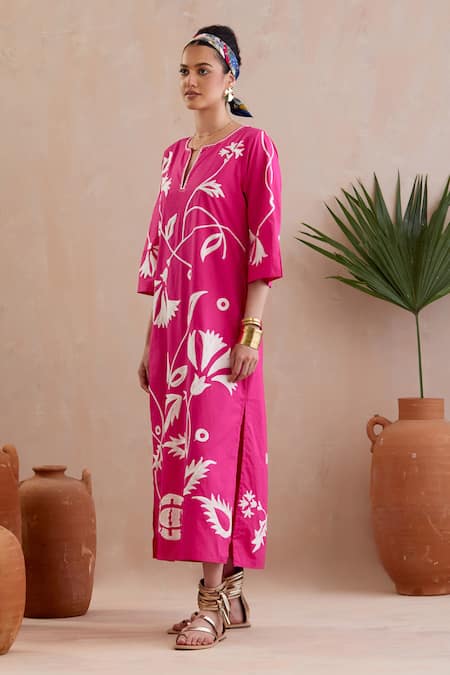 Indian Summer Story_Fuchsia Cotton Embroidery Open Neck Midi Dress _Online_at_Aza_Fashions