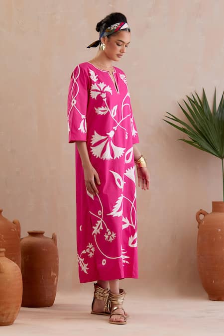 Buy_Indian Summer Story_Fuchsia Cotton Embroidery Open Neck Midi Dress _Online_at_Aza_Fashions