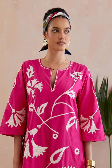 Shop_Indian Summer Story_Fuchsia Cotton Embroidery Open Neck Midi Dress _Online_at_Aza_Fashions