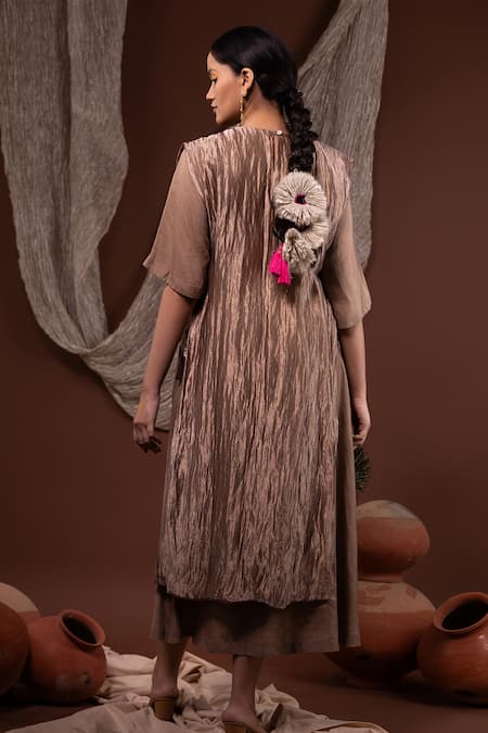 Shop Chambray & CO. Gold Silk, Linen Embroidery, Applique Round Neck Floral Overlay And Tunic Set at Aza Fashions Shop_Chambray & CO._Gold Silk, Linen Embroidery, Applique Round Neck Floral Overlay And Tunic Set _at_Aza_Fashions