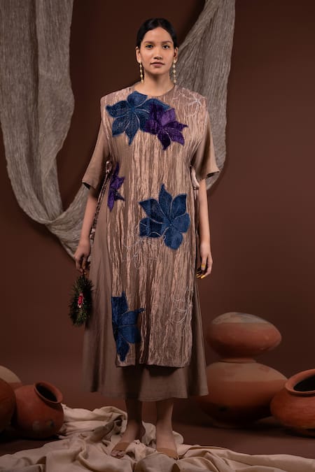 Chambray & CO. Gold Silk, Linen Embroidery, Applique Round Neck Floral Overlay And Tunic Set Online at Aza Fashions Chambray & CO._Gold Silk, Linen Embroidery, Applique Round Neck Floral Overlay And Tunic Set _Online_at_Aza_Fashions