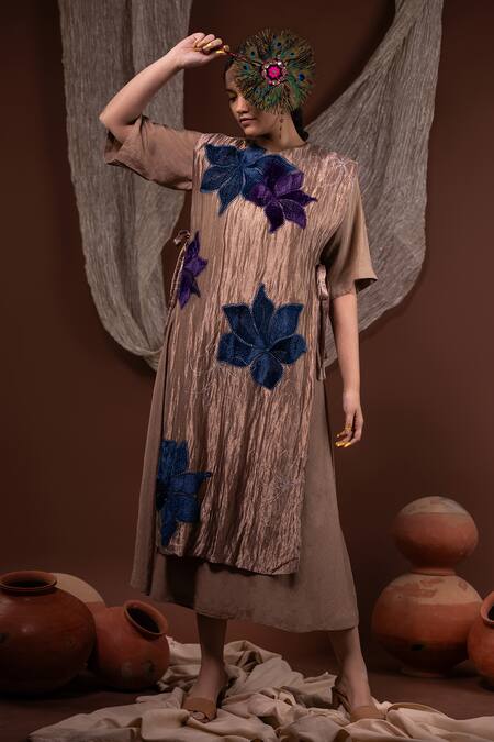 Buy Chambray & CO. Gold Silk, Linen Embroidery, Applique Round Neck Floral Overlay And Tunic Set Online at Aza Fashions Buy_Chambray & CO._Gold Silk, Linen Embroidery, Applique Round Neck Floral Overlay And Tunic Set _Online_at_Aza_Fashions